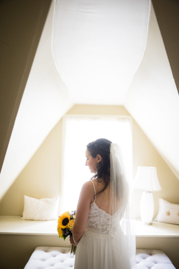 Sunflower Themed Wedding | Elkridge Furnace Inn | bride in window