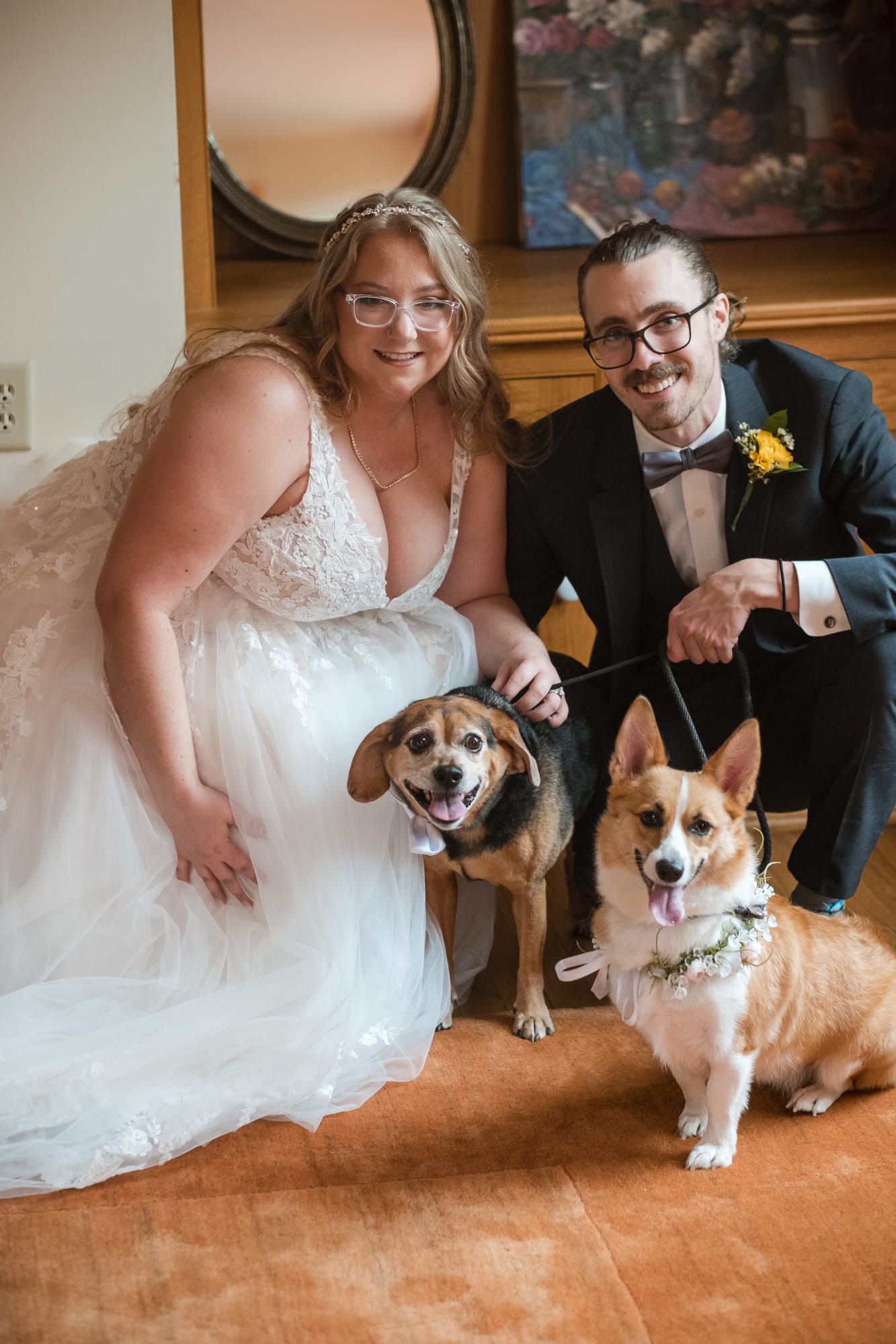 bride and groom and dogs