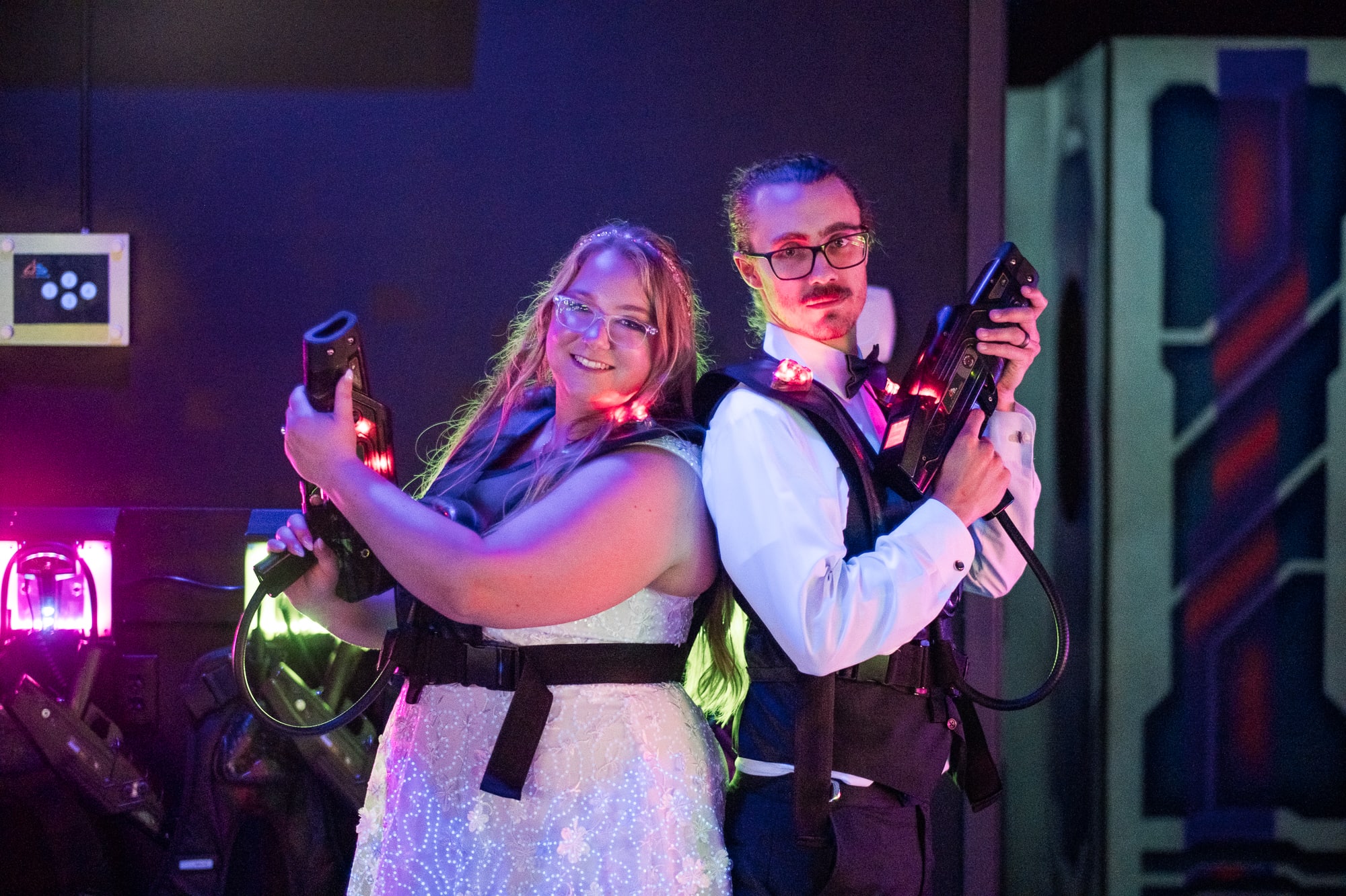 bride and groom laser tag